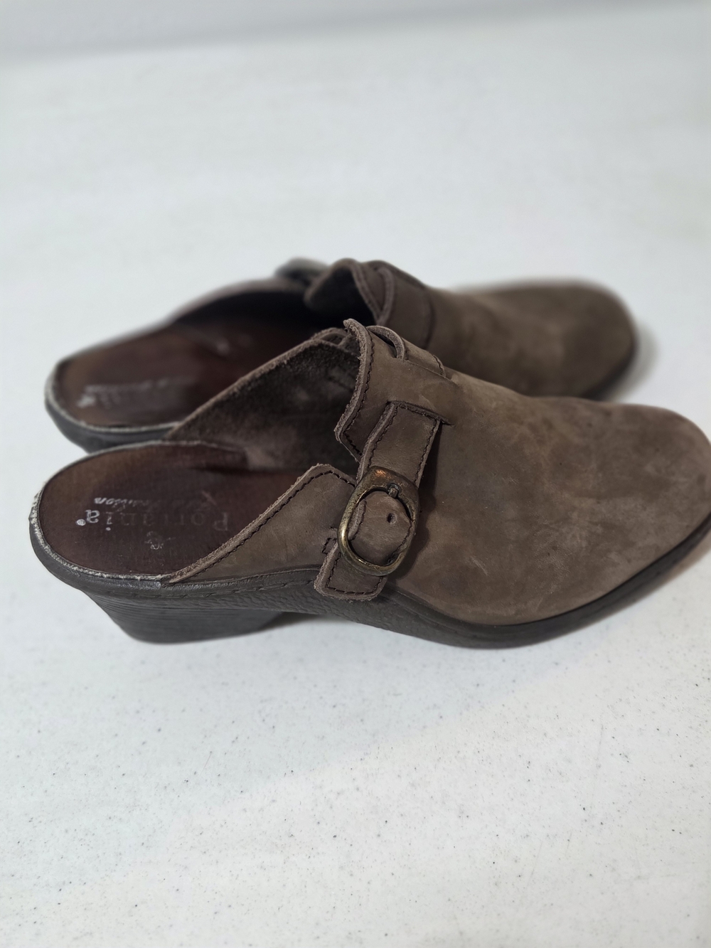 Portania Brown Leather Slip-On Mule Clogs with Buckle, size 38